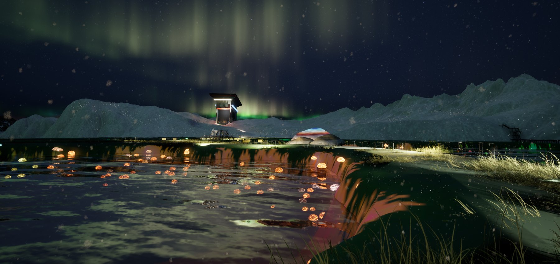Underwater arctic environment beneath the aurora